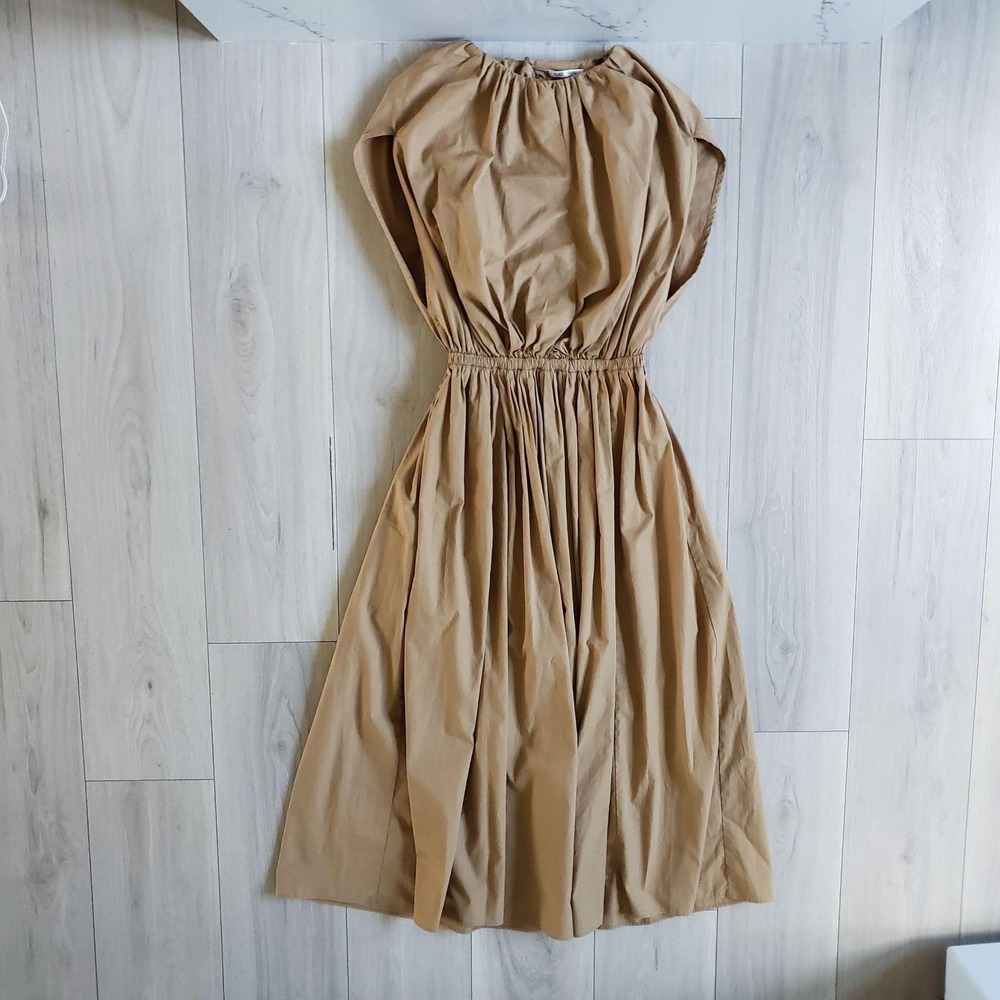 Black Crane Dress Womens XS Brown Camel Organic Cotton Poplin Shell Airy USA